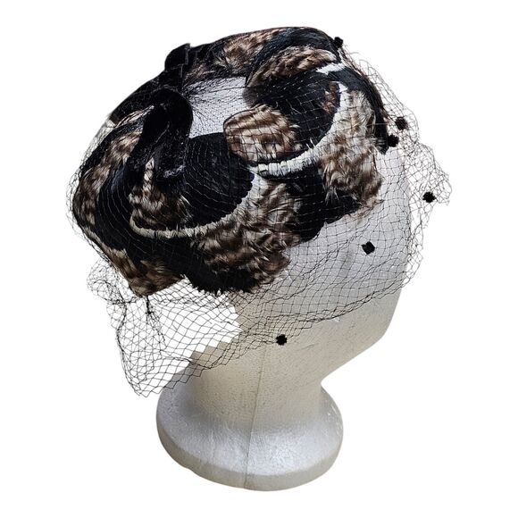 Vintage 50\'s Feather Trimmed Black Pillbox Hat With Polka Dot Veil Whimsigoth